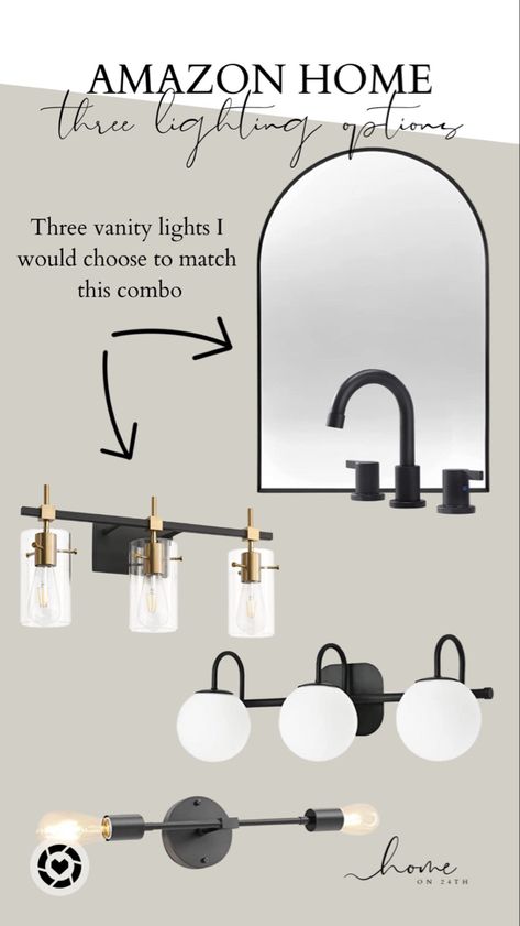 Black And White Bathroom Lighting, Arch Mirror Lighting, Bathroom Vanity Lighting One Sink, Two Mirrors One Light Fixture Bathroom, Black Mirror Gold Light Bathroom, Arch Mirror In Bathroom, Bathroom Vanity Lights Over Arched Mirror, Bathroom Arched Mirror And Lighting Ideas, Vanity With Arched Mirror