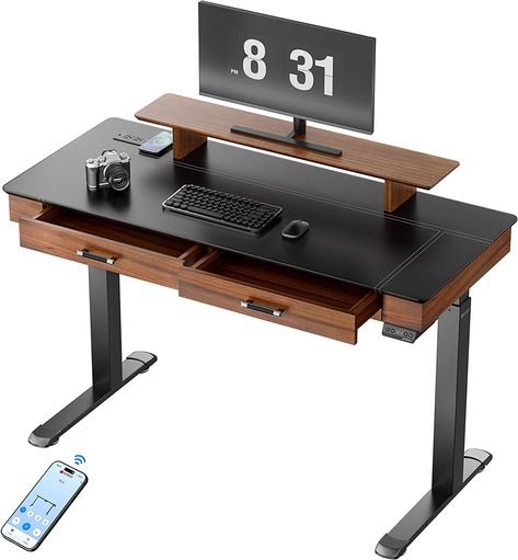 EUREKA ERGONOMIC Leather Standing Desk, APP Smart Control, Electric Height Adjustable, Excecutive Desk Home Office, Wireless Charge Power Outlet Dual Motor Monitor Shelf Drawers, 55 Inch Standing Desk Height, Standing Desk Ergonomics, Standing Desk Office, Natural Wood Texture, Electric Standing Desk, Desk Height, Work Station Desk, Small Home Office, Leather Finish