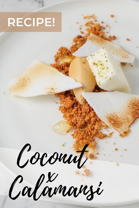 This is a recipe for an elegant plated dessert featuring a Toasted Coconut Praline Cremeux, a Coconut Streusel Crumb, our signature Calamansi Cloud Mousse, Calamansi Jelly and Toasted Meringue Shards. This recipe is perfect to impress your friends for a fancy dinner. It is a light dessert and has delightful tropical flavours, perfect for spring or summer. The toasted coconut cremeux is nutty and satisfying, while the calamansi mousse is light and tart and is balanced by the meringue shards. Coconut Plated Desserts, Mousse Plated Dessert, Meringue Shards Recipe, Meringue Plated Dessert, Spring Plated Desserts, Calamansi Dessert, Coconut Entremet, Gourmet Desserts Presentation, Fancy Desserts Presentation