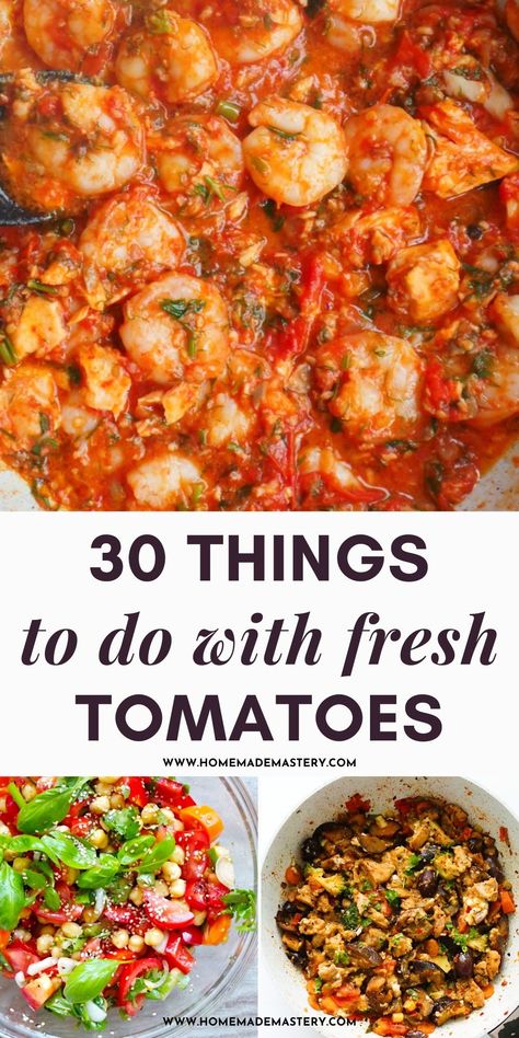 Delicious, quick and easy fresh tomato recipes. These are perfect if you have ripe tomatoes at home and wonder what to do with lots of tomatoes. The collection includes tomato salad recipes, one-pan tomato dinner recipes and tomato pasta recipes! Garden Tomato Recipes Freezer, Recipe That Uses Lots Of Tomatoes, Tomato Based Dinner Recipes, Ways To Use Up Tomatoes, Recipes For Lots Of Tomatoes, Supper Ideas With Tomatoes, Tomato Supper Recipes, Dinner Recipes Tomatoes, Tomato Base Recipes