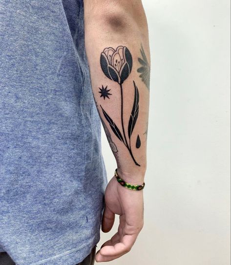 Transitional Tattoos, Thick Black Line Tattoo, Feminine Symbol Tattoo, Folk Flower Tattoo, Top Of Hand Tattoos, Abstract Flower Tattoo, Abstract Flower Tattoos, Black Line Tattoo, Outer Forearm Tattoo