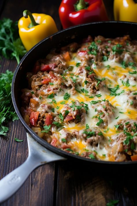 Ground Beef Stuffed Pepper Skillet - That Oven Feelin Fluffy Jasmine Rice, Stuffed Pepper Skillet, Pepper Skillet, Unstuffed Peppers, Stuffed Peppers Beef, Stuffed Pepper, Skillet Dinners, Kitchen Smells, Lean Beef