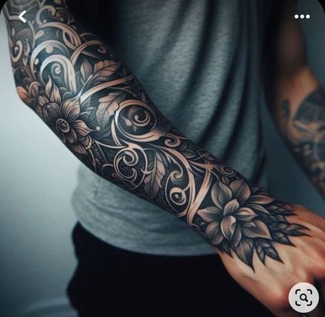 Forearm Sleeve Tattoos For Men, Cover Up Tattoos For Men Arm, Ace Tattoo One Piece, Arm Cover Up Tattoos, Black Sleeve Tattoo, Men Flower Tattoo, Geometric Tattoo Sleeve Designs, Ace Tattoo, Filigree Tattoo