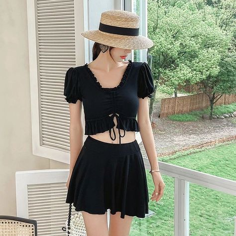 Hot Summer Swimwear Solid Two Piece Swimsuit Sexy Bandage Bikini Set High Waist Swim Skirt Beach Bathing Suit Korea Design Skirt Bathing Suit, Pleated Crop Top, Skirt Beach, Korea Design, Beach Bathing Suits, High Waisted Swim, Summer Swimwear, Swim Skirt, Bathing Suit