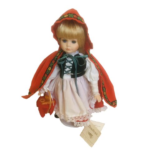 Bradley Doll Little Red Riding Hood Porcelain 1977 Vintage 12" #Bradley Red Hooded Cape, Bradley Dolls, Red And White Dress, Hooded Cape, Madame Alexander Dolls, Alexander Dolls, Embroidered Trim, Doll Stands, Doll Eyes