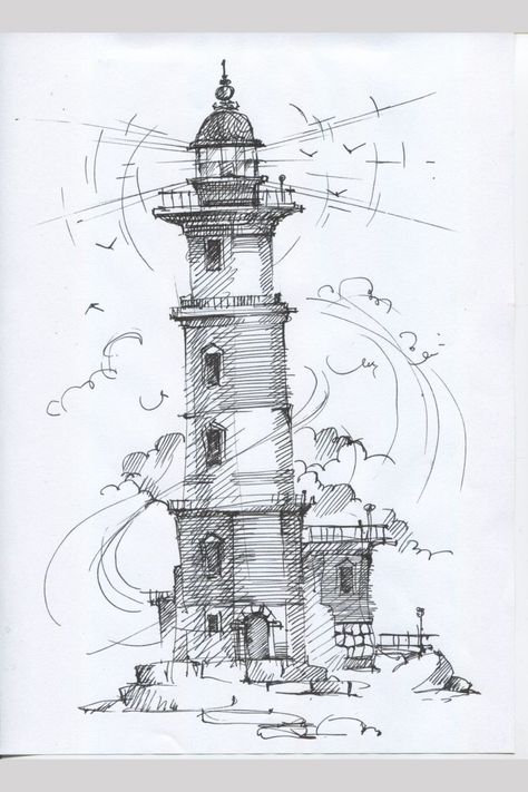 Lighthouse Drawing, Pen Art Drawings, Architecture Drawing Art, Sketch Painting, Urban Sketching, Architecture Sketch, Book Art Drawings, Sketchbook Art Inspiration, Cool Art Drawings