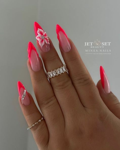 Trending Nails 2024 Summer, Unique Almond Nails, Summer Nail 2024 Trends, Pink Almond Nail Designs, Questioning Reality, Acrylic Nails Almond Shape, Stilleto Nails Designs, Beach Nail, Gel Toe Nails