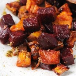 Roast beetroot and sweet potato by SaraGBC Roast Beetroot, Beets And Carrots, Beetroot Recipes, Great British Chefs, Roasted Vegetable Recipes, Roasted Beets, Sweet Potato Recipes, Sweet And Sour Pork, Arugula