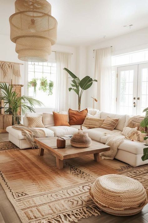 Medeteranian Interior, Warm Earthy Living Room, Boho Living Room Decor Ideas, Living Room Throws, Earthy Living Room, Modern Boho Living Room, Boho Inspo, Wall Lights Living Room, Fall Living Room