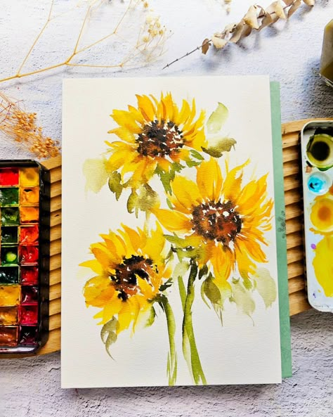 Sunflower Watercolor Painting, Sunflowers Painting, Sunflower Watercolor, Watercolor Sunflowers, Sunflower Drawing, Watercolor Workshop, Flower Drawing Design, Diy Watercolor Painting, Hello December