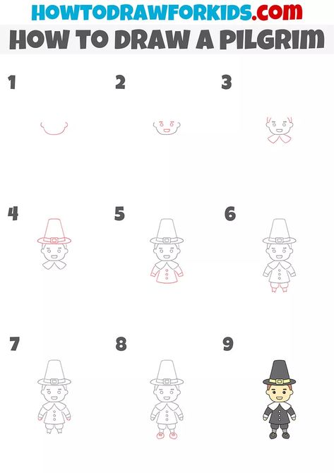 How to Draw a Pilgrim - Easy Drawing Tutorial For Kids Thanksgiving Step By Step Drawing, Pilgrim Drawing Easy, Pilgrim Coloring Pages Printables, Pilgrim Coloring Pages, Turkey Guided Drawing, Pilgrim Fathers, Pilgrim Hat, Draw People, Drawing Book