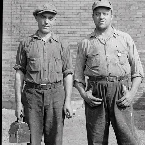 Photocred: @rivet_head on Instagram: “Two hard boiled factory workers covered in #vintageworkwear goodness #1930s #1940s…” Story References, 1940s Mens Fashion, 1930s Men, Mens Work Outfits, Steel Worker, American Workwear, Workwear Vintage, Mens Workwear, 1930s Fashion