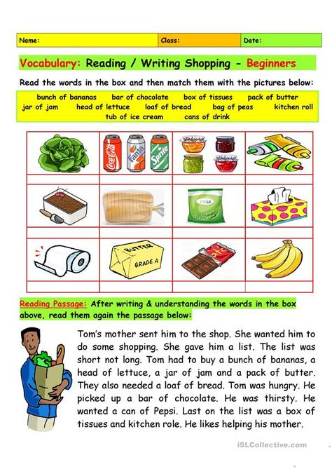 Vocabulary: Reading & Writing / Shopping - Beginner Adults - English ESL Worksheets for distance learning and physical classrooms Esl Worksheets For Beginners, Creative Writing Worksheets, Writing For Beginners, Esl Reading, Reading And Writing Skills, Comprehension Exercises, Reading For Beginners, Personal Pronouns, Listening Comprehension