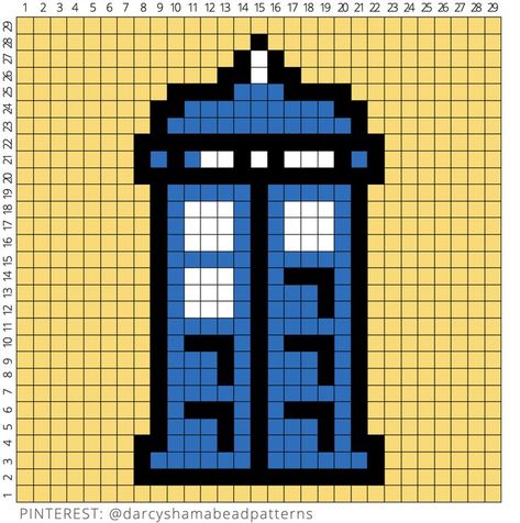 Dr Who TARDIS Pattern #drwho #tardis #timemachine #spacecraft #whovians #timeywimey #popculture #hamabeads #hamabeadpattern #perler #perlerbeads #pyssla #pixel #pixelart #crossstitch #fusebeads Tardis Perler Bead Pattern, Doctor Who Perler Bead Patterns, Doctor Who Cross Stitch Patterns, Dr Who Perler Bead Patterns, Dr Who Cross Stitch Patterns, Pixel Art Geometric Pattern, Tardis Pixel Art, Dr Who Pixel Art, Doctor Who Alpha Pattern