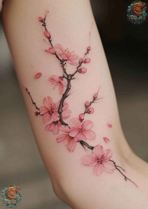 Cherry Blossom Tattoo Thigh, Outside Of Wrist Tattoo, Cherry Blossom Tattoo Leg, Japanese Sakura Tattoo, Cherry Blossom Wrist Tattoo, Wild Flower Arm Tattoos For Women, Cherry Blossom Branch Tattoo Black, Flower Tattoo On Leg, Fine Line Cherry Blossom Tattoo