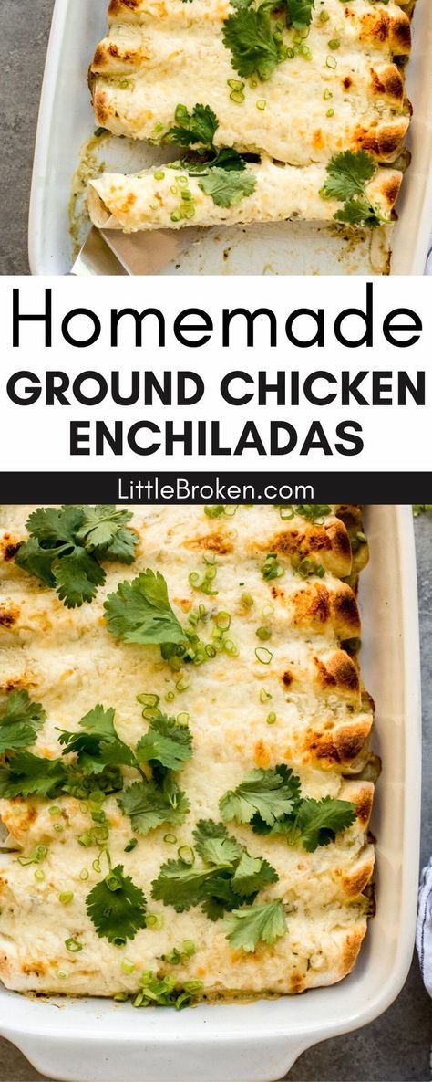 Homemade Ground Chicken Enchiladas are a delicious dish that is ready in under one hour! This ground chicken sour cream enchiladas recipe is such an easy recipe made with a basic filling of ground chicken, spices, green onions, and cilantro. Then rolled up in flour tortillas and topped with a flavorful creamy green sauce and sprinkled with cheese before it’s baked until hot all the way through. Ground Chicken Enchiladas, Homemade Ground Chicken, Chicken Tortilla Recipe, Creamy Green Sauce, Chicken Sour Cream Enchiladas, Chicken Sour Cream, Ground Chicken Tacos, Healthy Taco Recipes, Green Chicken Enchiladas