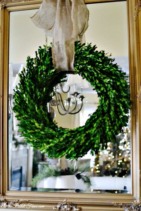 boxwood wreath hanging on mirror with burlap ribbon atthepicketfence.com Wreaths For Mirror, Wreath Hanging From Ribbon On Mirror, Christmas Wreath On Mirror, Wreath Hanging From Ribbon, Boxwood Wreath With Ribbon, Wreath Over Mirror, Wreath On Mirror, Mirror Wreath, Boxwood Wreath Decor