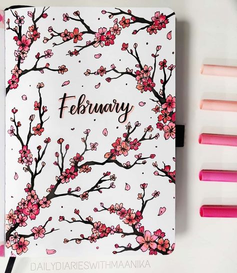 Winter Planner Ideas, Border Desings Aesthetic, Bujo Starter Pages, Journal Ideas Cover Page, May Inspiration, Journal Ideas May, Bujo 2023 Cover Page, Cherry Blossom Bullet Journal, Journaling Ideas Drawings