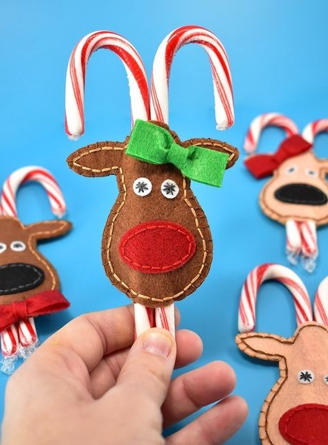 Felt Reindeer, Reindeer Candy, Candy Cane Crafts, Inexpensive Christmas Gifts, Inexpensive Christmas, Neighbor Christmas Gifts, Felt Crafts Christmas, Diy Christmas Wreaths, Candy Cane Ornament