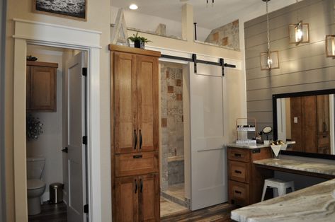 Custom designed farmhouse bathroom to be shared by siblings. Private toilet room, private dressing area off shower , two vanity areas and a 4' trough sink with double faucets. Bathroom With Private Shower And Toilet, Separate Toilet And Shower Room, Sibling Bathroom, Shared Bathroom Layout, Beach House Bathroom Ideas, Cozy Bathrooms, Private Toilet, Bathroom Renovation Diy, Nashville House