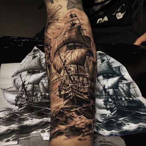 Sailship Tattoo, Sailor Tattoos Traditional, Ships Tattoo, Pirate Themed Tattoos, Ship Tattoo Design, Shipwreck Tattoo, Sunken Ship Tattoo, Tattoo Ship, Ship Tattoo Sleeves