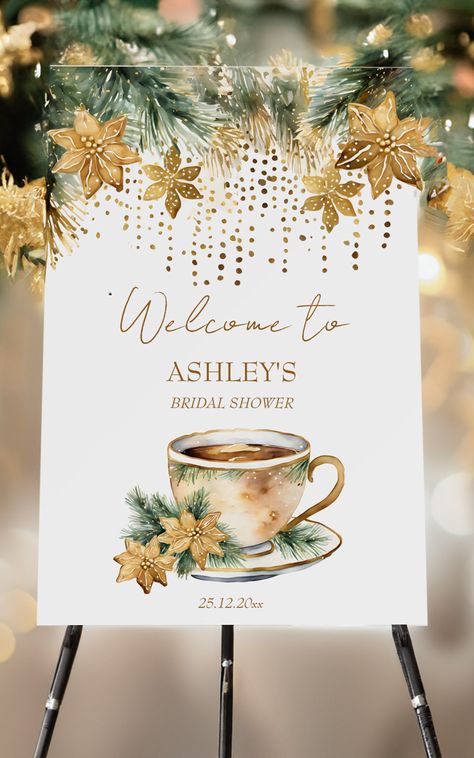 Boho Christmas winter bridal shower welcome sign board watercolor pines gold poinsettia tea cup Winter Bridal Shower Invitations, Winter Wedding Favors, Winter Bridal Showers, Wedding Tableware, Tea Party Invitations, Wedding Themes Winter, Winter Wedding Decorations, Winter Wedding Invitations, Pine Branches