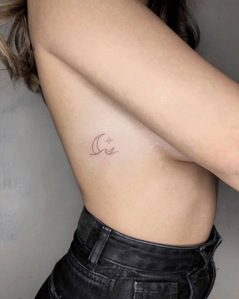 Moon Tattoo Ribcage, Hip Moon Tattoo, Moon Tattoo Ribs, Wave And Moon Tattoo, Moon Rib Tattoo, Mini Moon Tattoo, Wave Tattoos, Community Tattoo, International Tattoo