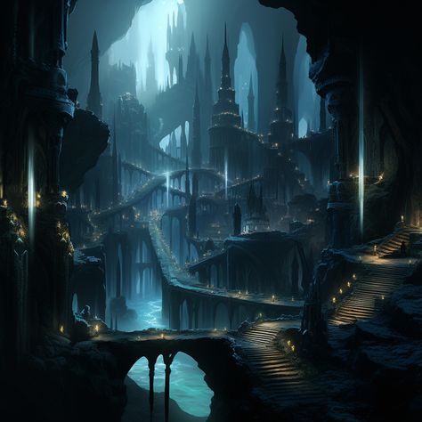 She'adú, city of Dorfyns, concept are #Midjourney #AI Elf City Concept Art, Drow City Concept Art, Underdark City Art, Dark Fantasy City Concept Art, Underdark Art, Underdark Aesthetic, Drow Underdark, Underdark City, Dnd Visuals