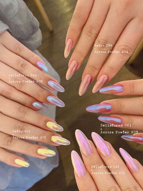 Coloured Chrome Nails, Nails Aurora Effect, Pink Fairy Nails, Yellow Chrome Nails, Green Chrome Nails, Pink Chrome Nails, Aurora Nails, Pink Chrome, Chrome Powder