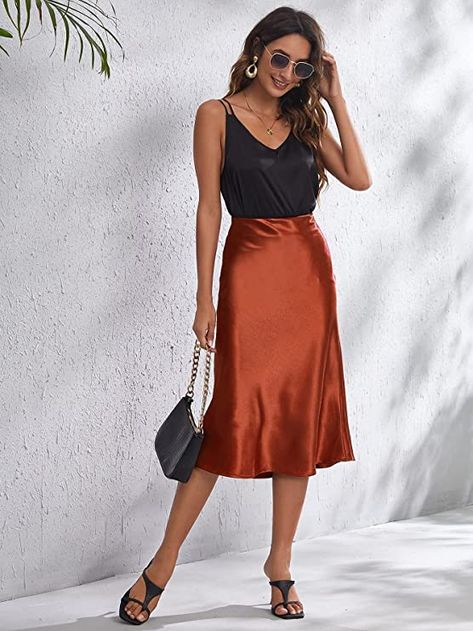 A-Line midi skirt, satin, reddish brown Orange Skirt Outfit, Silk Skirt Outfit, Satin Skirt Outfit, Midi Slip Skirt, Satin Slip Skirt, Boots For Fall, Brown Copper, Orange Satin, Midi Flare Skirt