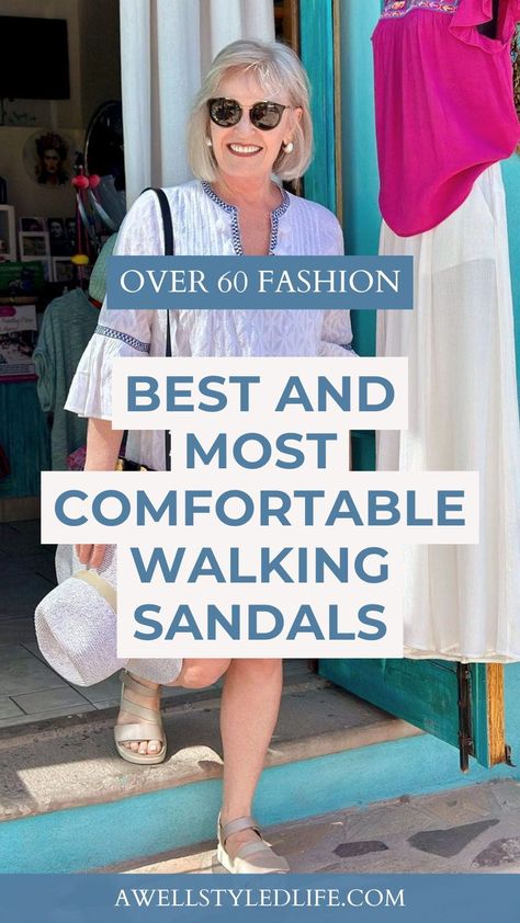 If you need help finding the perfect pair of comfortable sandals for walking for this spring and summer, look no further. A Well Styled Life is sharing her own tips for finding a comfortable walking sandal, as well as a list of some of her personal favorites. Follow for more shoe find for women over 60 and fashion finds for stylish older women. Best Sandals For Walking Travel Shoes, Walking Sandals Travel, Comfortable Sandals For Walking, Sandals For Walking, Sandal Outfits, Best Walking Sandals, Stylish Walking Shoes, A Well Styled Life, Comfortable Walking Sandals