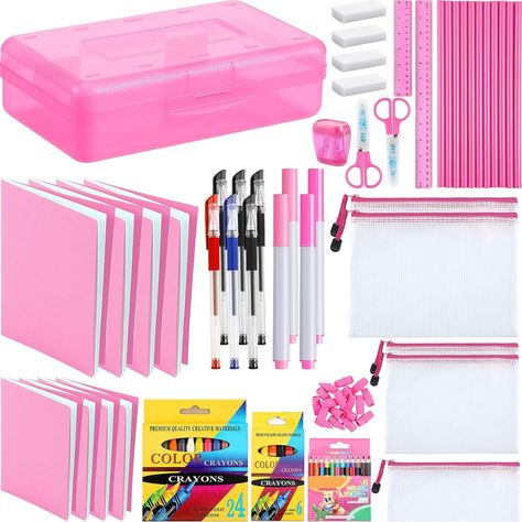 Harloon 137 Pcs School Supplies Kit Back to School Essentials Bulk Includes Notebooks Pencils Pens File Pouch Crayons Rulers Scissors and More for Kids Girl Boy Student Classroom Charity (Rose Red) School Supply Box, Middle School Supplies, Kids School Supplies, School Kit, School Glue, Back To School Essentials, School Supply, School Accessories, School Essentials