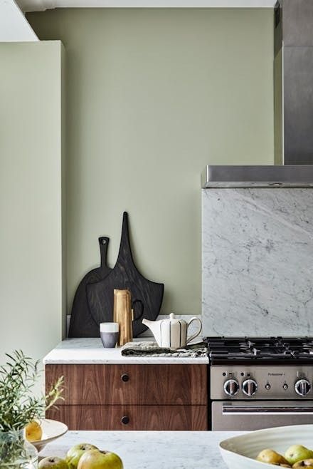 Re:mix Normandy Grey Kitchen - Inspire Me Normandy Grey, Soft Green Kitchen, Green Kitchen Walls, Yellow Dining Room, Dining Inspiration, Sage Green Walls, Pink Living Room, Little Greene Paint, Green Walls