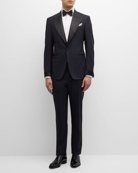 TOM FORD "Shelton" solid tuxedo with satin trim    Peak lapels    Singlebutton closure    Chest welt pocket    Jetted hip pockets    Side adjusters at waist    Flatfront trousers    Straight legs    Classic fit    Wool    Lining: Cotton/cupro    Made in Italy Tom Ford Mens Suits, Tuxedo Peak Lapel, Wedding Dresscode, Tom Ford Tuxedo, Peak Lapel Tuxedo, Men Tuxedo, Mens Tuxedo, Black Tie Tuxedo, Moss Wedding