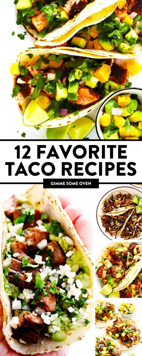 These 12 favorite taco recipes include chicken, port and beef tacos, shrimp and fish tacos, and even vegetarian tacos and breakfast tacos. If you're looking for quick 30-minute tacos or prefer slow-cooked taco fillings, there is a perfect taco recipe for everyone on this list. So many great taco recipes that you'll want to try them all! Easy Tacos Beef, Flour Taco Recipes, Summer Tacos Recipes, Homemade Beef Tacos, Best Mexican Tacos, Grilled Taco Recipes, Fancy Tacos Recipes, Camping Tacos Dinners, Gosh Tacos