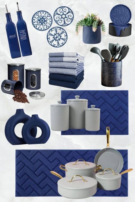 22 Awesome Navy Blue and Grey Kitchen Decor Ideas Blue And Grey Kitchen Decor, Navy Blue And Grey Kitchen, Grey Kitchen Decor Ideas, Blue And Grey Kitchen, Blue Kitchen Accents, Grey Kitchen Decor, Decorative Kitchen Canisters, Blue Kitchen Utensils, Decorating Your Kitchen