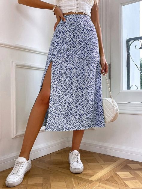 Floral Print Midi Skirt, European Dress, Flower Skirt, Half Skirt, Basic Jackets, Printed Midi Skirt, Mode Inspo, Ditsy Floral, Waist Dress