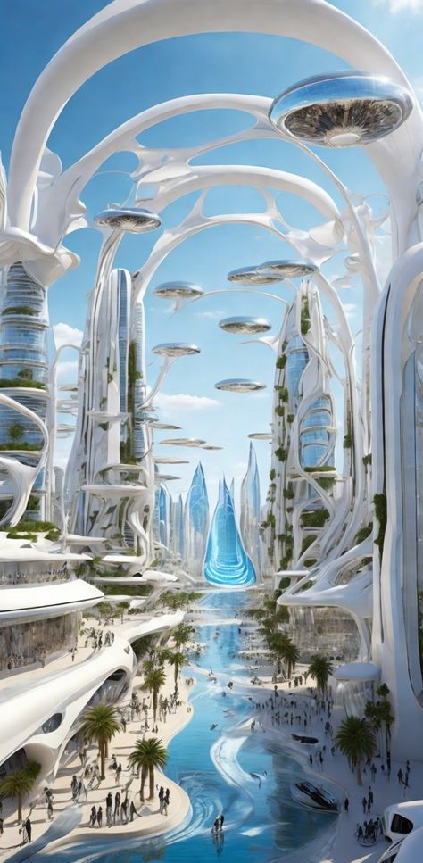 The year is 2030. A white city that rises from the desert, where sand and heat are transformed into energy and beauty. The city is a miracle of technology, using solar panels and mirrors to create electricity and water. The people are optimistic and visionary, dreaming of a better future for humanity. #Future2030 #FuturisticCivilization #InnovativeArchitecture #SustainableDesign #AdvancedTransportation #GreenUrbanSpaces #NatureMeetsTechnology #RenewableRevolution #OptimisticFuture #illustration Scifi City, Sci Fi City, Innovative Architecture, Cave Paintings, White City, Fantasy City, Futuristic Art, Fantasy Places, Futuristic City