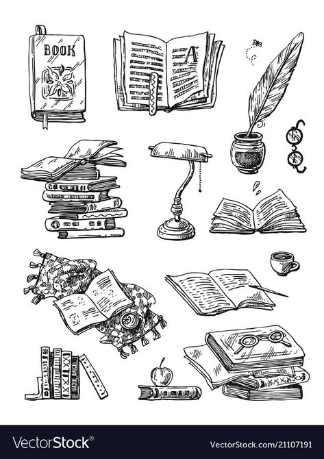 Bookcase Drawing Sketch, Illustration Of Books, Books Sketch Drawing, Bookshelf Sketch Drawing, Witchy Bookshelf Drawing, Closed Book Drawing, Book Shelf Sketch, Open Book Drawing Sketches, Aesthetic Book Drawing