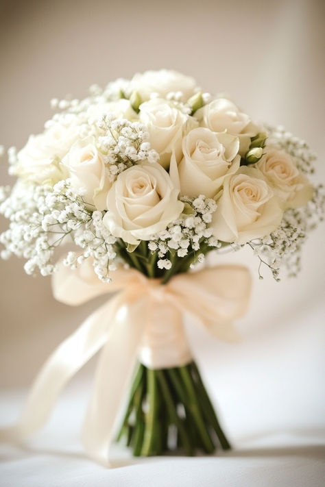 wedding flowers Cream Rose Wedding Bouquet, White Rose And Baby’s Breath Bride Bouquet, Wedding Bokeh Flowers, White Rose And Baby's Breath Bouquet, Baby's Breath Bouquet Wedding, White Floral Bridal Bouquet, Baby Breath Bridesmaid Bouquet, White Rose And Baby Breath Bouquet, Bride Bouquets White Elegant