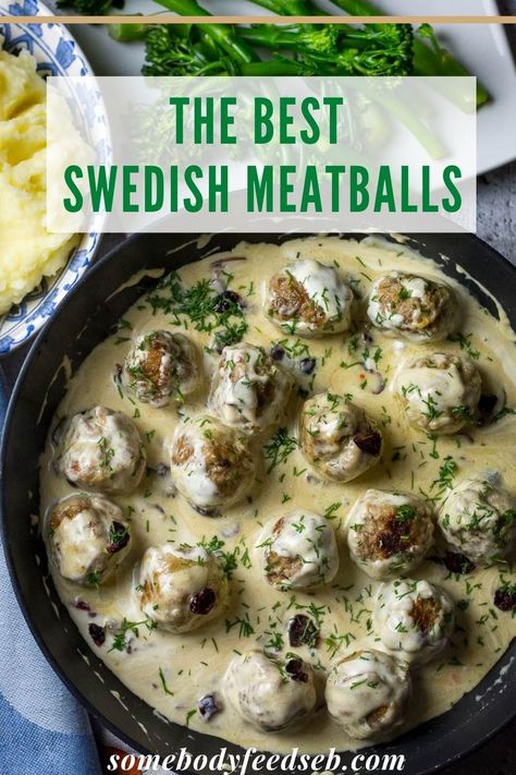 Homemade Swedish Meatballs swimming in sour cream gravy, made with Dijon mustard and dried cranberries, all served with mashed potato and tenderstem broccoli! An easy filling and hearty dinner that is simply perfect for a cold night in! #swedishmeatballs #meatballsauce #sourcreamsauce Best Swedish Meatball Recipe, Best Swedish Meatballs, Easy Swedish Meatballs, Easy Swedish Meatball Recipe, Homemade Swedish Meatballs, Swedish Meatballs Recipe, Swedish Meatballs Easy, Meatballs Recipes, Beef Meals