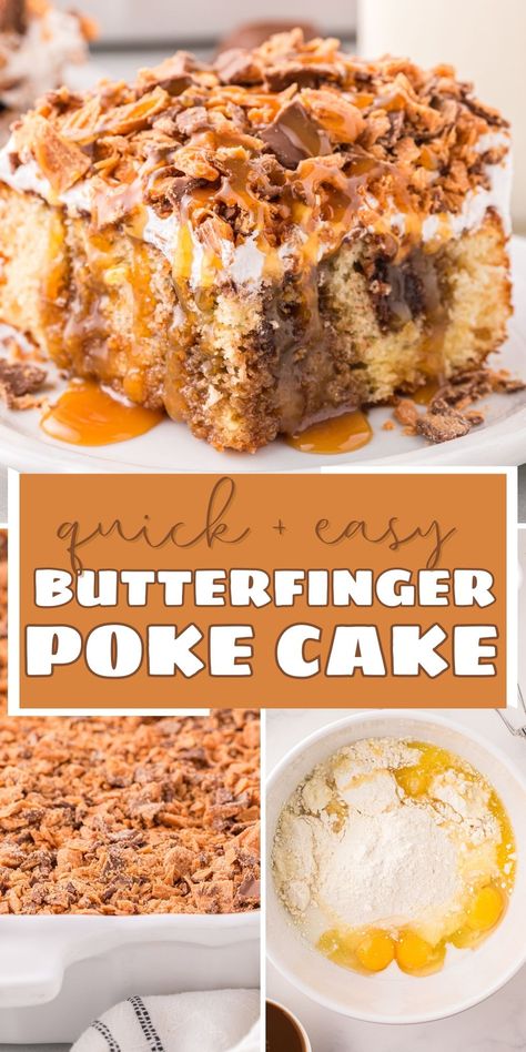 Butterfinger Cake Poke, Butterfinger Sheet Cake, Butterfinger Pound Cake, Recipes With Butterfingers, Butter Finger Cake Easy, Butterfinger Poke Cake Recipes, Golden Butter Cake Mix Recipes, Easy Butterfinger Cake, Butter Golden Cake Mix Recipes