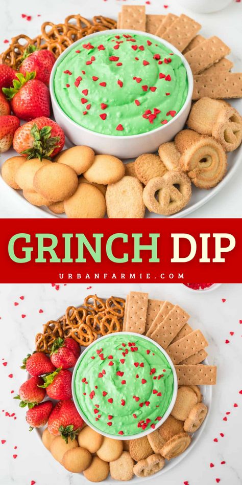 This creamy, green Grinch dip brings holiday fun to your table with! Quick, sweet, and festive, it’s a party favorite for kids and grown-ups alike. Grinch Holiday Platter, Grinch Dessert Dip, Red And Green Foods For Christmas, Grinch Christmas Appetizer, Grinch Birthday Party Food Ideas, Green Jello Recipes, Christmas Themed Meals For Kids, Grinch Party Appetizers, Grinch Sweet Treats