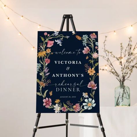 Navy Blue Wildflower Rehearsal Dinner Foam Boards | Zazzle Wedding Foam Board, Rehearsal Dinner Welcome Sign, Wildflower Watercolor, Boho Wildflower, Watercolor Wildflowers, Foam Boards, Welcome Poster, Wildflower Wedding, Fall Weddings