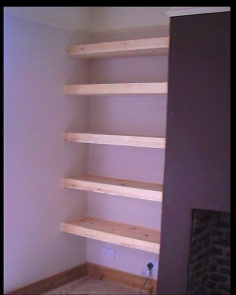 wall shelving ideas | Finished shelving job with shelves added to alcove area to the side of ... Alcove Ideas Living Room, Alcove Shelves, Shelves And Storage, Alcove Shelving, Diy Doctor, Recessed Shelves, Industrial Floating Shelves, Long Floating Shelves, Floating Shelves Bedroom