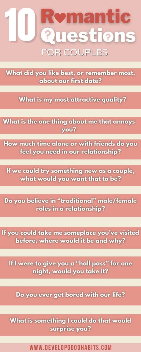 See 10 romantic questions to learn more about your date, romantic interest or partner in a fun and engaging way. Check out the full article for 43 Questions for Couples to Spark a Deep Conversation Love Question, Questions To Check In With Your Partner, Romantic Conversation, Monthly Couple Check In Questions, Interesting Questions For Couples, Valentine Questions For Couples, Compatability Questions For Couples, Couple Questions For Him, Who Is More Likely To Questions Couple