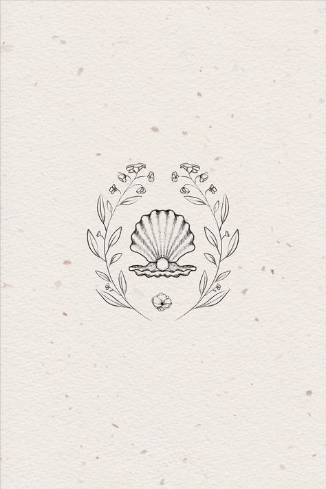 Hand-drawn illustrative of clamshell/seashell with pearl and floral elements for logo design. Logo design idea for coastal, sea inspired brand. Open Shell Tattoo, Pearl Illustration Drawing, Seashell And Pearl Tattoo, Oyster Tattoo Pearl Simple, Clam Shell Pearl Tattoo, Sea Shell Logo Design, Pearl Shell Illustration, Shell Logo Ideas, Shell With Pearl Drawing