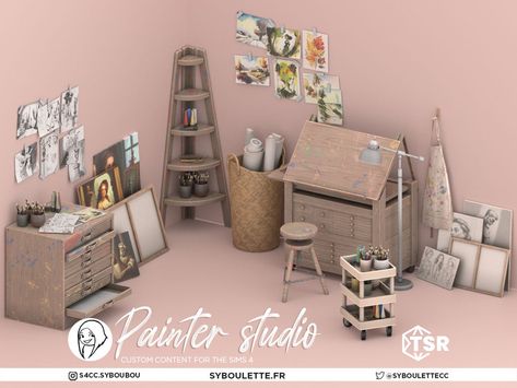 Sims 4 Artist Clothes, Sims 4 Cc Teenage Bedroom Patreon, Ts4 Cc Sets, Sims 4 Cc Artist, Sims 4 Artist Cc, Painter Studio, Painters Studio, Wall Drawings, Sims Packs