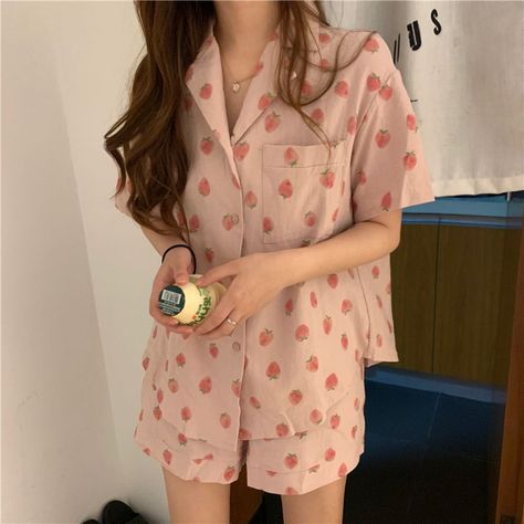 Whoosh Pajama Set: Strawberry Print Short-Sleeved Shirt + Shorts | YesStyle Korean Pajamas, Pajamas Aesthetic, Pijamas Women, Soft Girl Outfits, Girls Nightwear, Pajama Fashion, Cute Sleepwear, Cute Pajama Sets, Harajuku Outfits