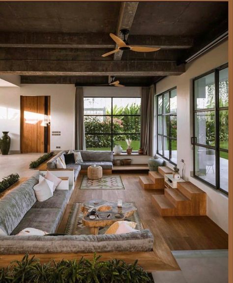 Bali House, Loft Interior, Sunken Living Room, Wood Interior Design, Storey Homes, A Living Room, House Inspo, Dream Home Design, 인테리어 디자인